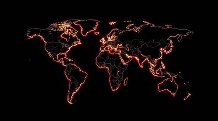 Map of the world, glowing lines on a dark background. 3D rendering