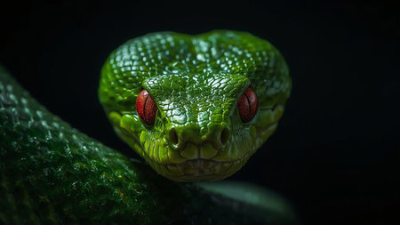 Green pit viper portrait on black background. Green pit viper.の写真素材
