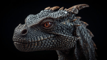 Close up of a fantasy dragon isolated on black background. 3d render.の写真素材