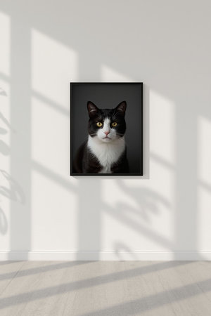 Black and white cat in photoframe on white wall with shadowの写真素材