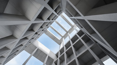Abstract architecture of modern building with blue sky background, perspective view.の写真素材
