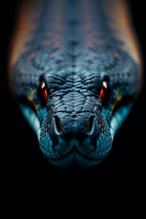 Close up of the head of a snake on a black background.の写真素材