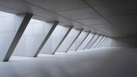 Interior of a modern office building with concrete walls and columns.