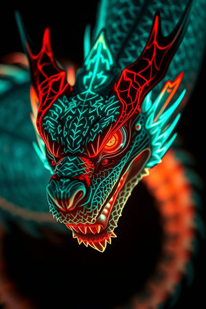 3D rendering of a fantasy dragon with colorful lights isolated on black backgroundの写真素材