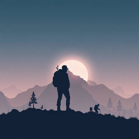 Silhouette of a man with a backpack on top of a mountain.