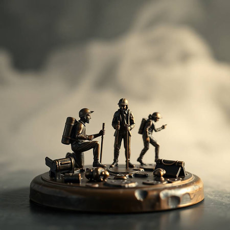 Miniature people: soldiers on the clockwork. Conceptual photo of timeの写真素材