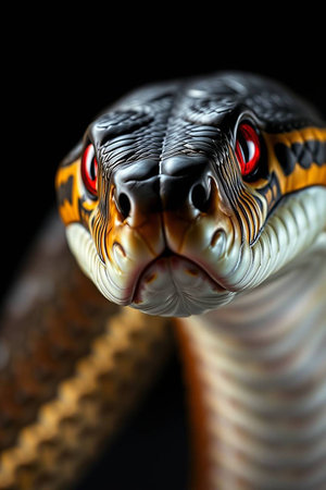 Close up of the face of a cobra snake on black background