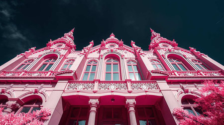 Pink building with blue sky.の写真素材