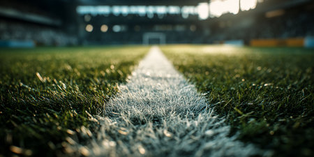 soccer or football field with green grass and white line for backgroundの写真素材
