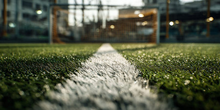 Close up of a white line on a soccer field with blurred backgroundの写真素材