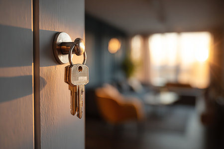 Key in the keyhole. Selective focus.の写真素材