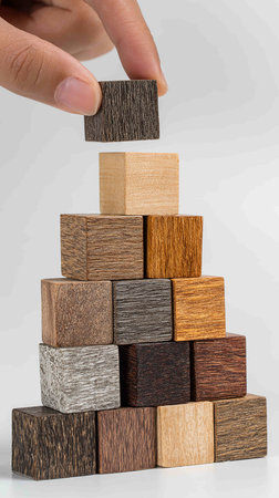 Hand arranging wood block stacking as step stair on white background, business growth concept