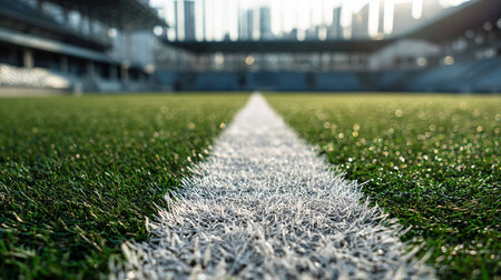 white line on the green grass of soccer field in football stadium.