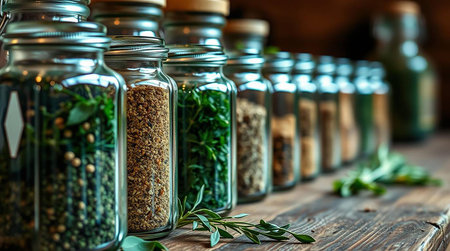 Herbs and spices in glass bottles on wooden table. Selective focus.の写真素材