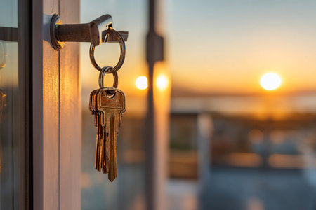 Key ring on the door of a private house with sunset in the backgroundの写真素材