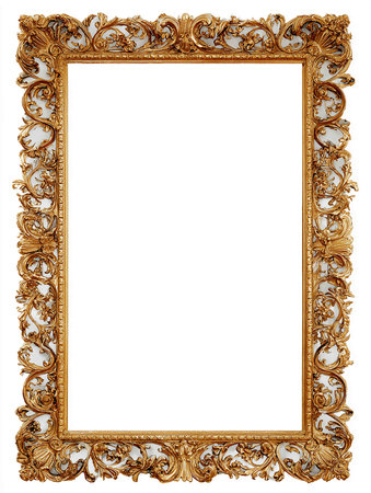 The antique gold frame on the white background. Vintage decorative elements.の写真素材
