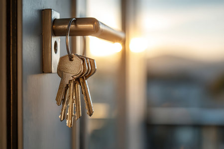 Key in the lock on the door. The concept of home security.の写真素材