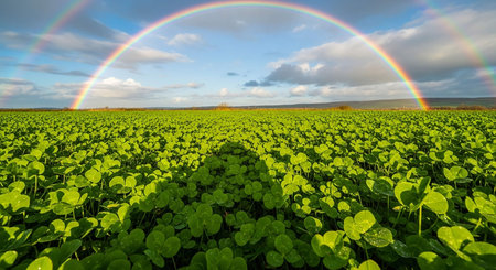 Rainbow over a field of clover, panoramic viewの写真素材