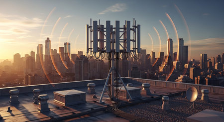 Telecommunication tower on the roof of a skyscraper. 3d rendering