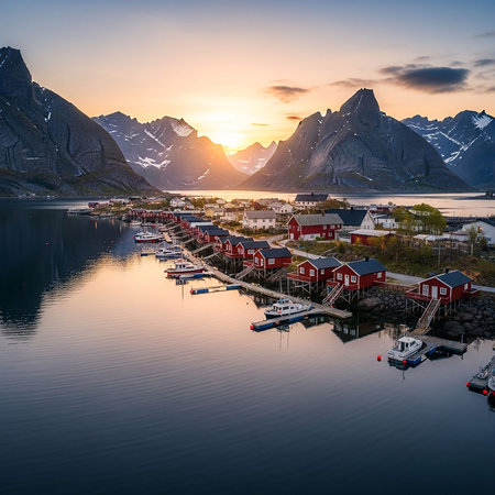 Sunset over Reine village on Lofoten islands, Norwayの写真素材
