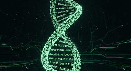 Digital DNA strand with binary code on dark background. 3D renderingの写真素材