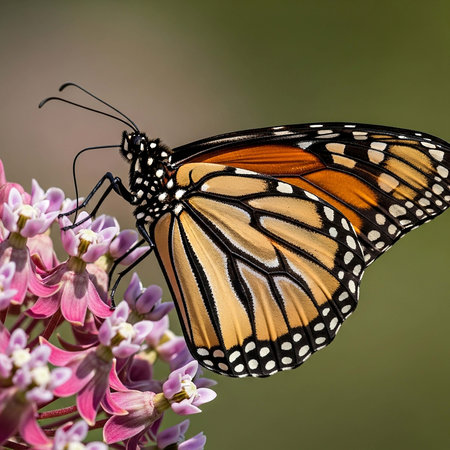A monarch butterfly, Danaus plexippus, feeding on a milkweed flower.