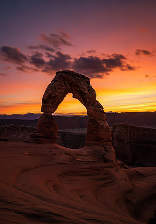 Sunset at Delicate Arch in Arches National Park, Utahの写真素材