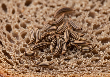 Macro of cumin seeds on a slice of brown bread.の写真素材