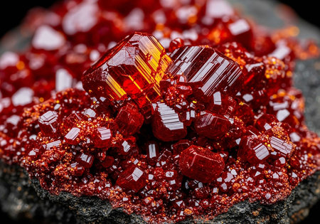 Red gemstone on black background. Macro. Close up.の写真素材