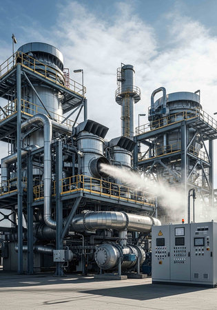 Industrial zone, Steel pipelines and equipment of a power plant.