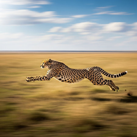 Cheetah running in the savannah of Maasai Mara National Park in Kenyaの写真素材