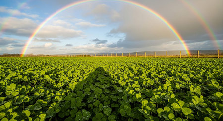 Rainbow over a field of four leaf clovers in springtimeの写真素材