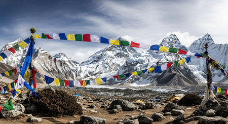 Tibetan prayer flags in front of Annapurna Base Camp, Nepal