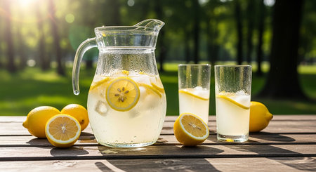 Pitcher and glasses of lemonade with lemons on wooden table in parkの写真素材