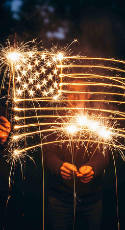 Man holding a sparkler in his hands on a dark background.の写真素材