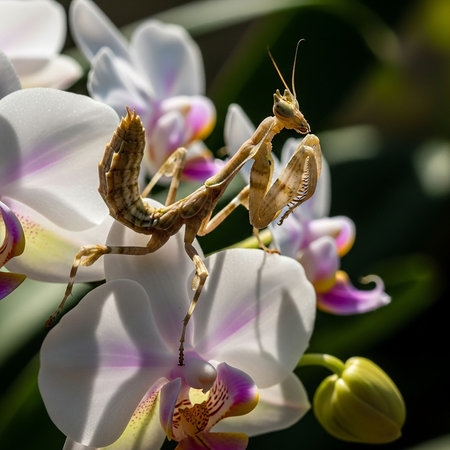 Praying mantis on a white orchid flower close upの写真素材
