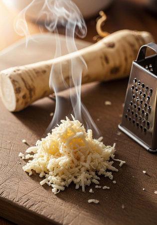 Grated horseradish and grater on a wooden cutting boardの写真素材