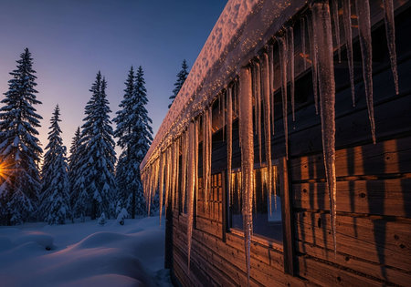 Beautiful icicles on the roof of a wooden house in the Carpathian mountainsの写真素材