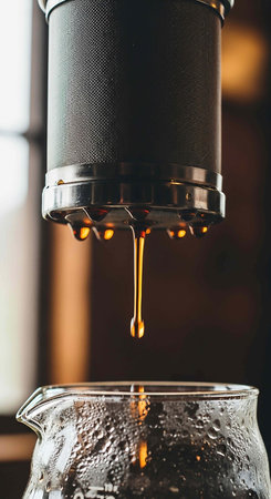 coffee dripping from a coffee machine into a glass, shallow depth of fieldの写真素材