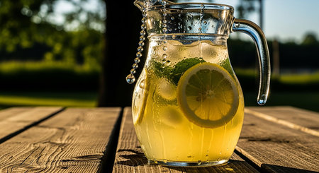 Lemonade in a pitcher on a wooden table in the gardenの写真素材
