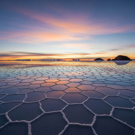 Sunset on the salt lake in the Salar de Uyuni, Boliviaの写真素材