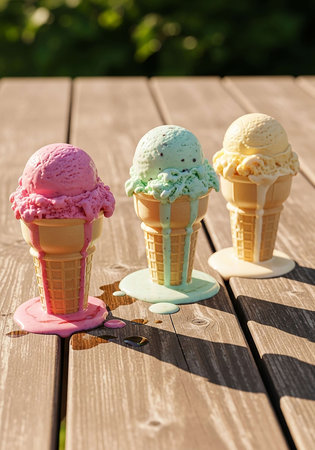 Ice cream in waffle cones on a wooden table