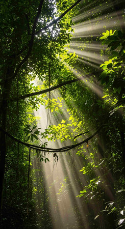 Sun rays through the trees in the rainforest of Borneo.の写真素材