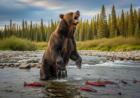 Brown bear catches salmon in Katmai national park, Alaska, USAの写真素材