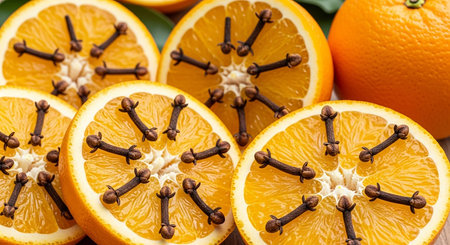 Slices of orange with cloves on wooden table. Top view.の写真素材