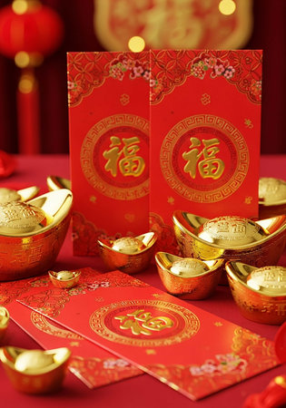 Chinese New Year decoration with red envelopes and gold ingots on red backgroundの写真素材