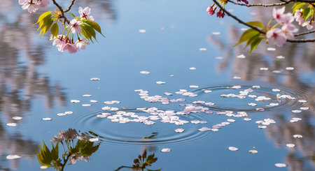 cherry blossom in japanese garden with reflection in water
