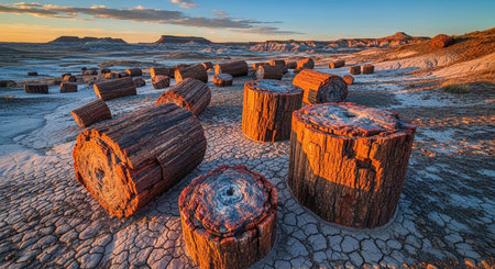 Pile of wooden logs in the desert with sunset in the backgroundの写真素材