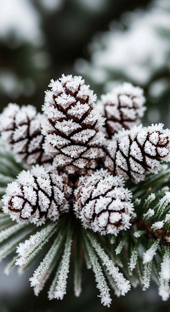 Fir cones covered with hoarfrost. Close-up.の写真素材