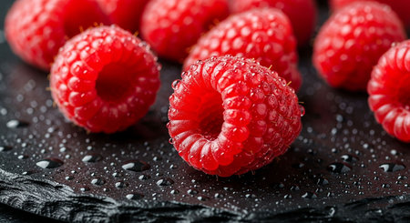 Fresh raspberries on a black slate plate with water drops.